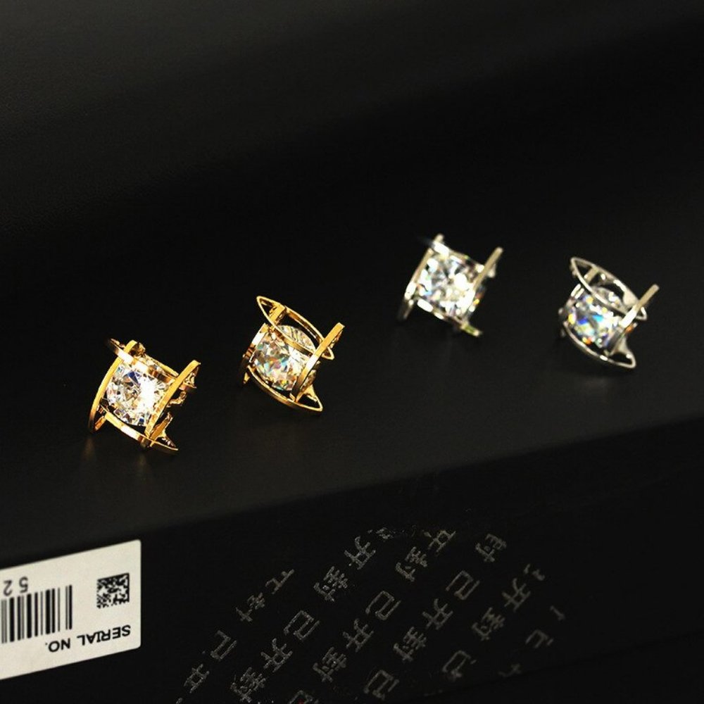 Geometric Hollow Crystal Cage Silver Earrings - Picture 3 of 7